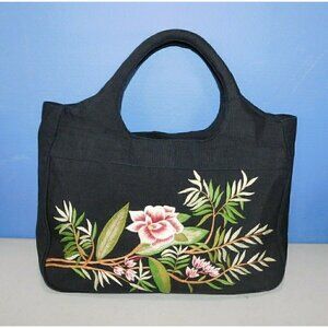 DV, DOLCE VITA BLACK FABRIC TOTE WITH EMBROIDERED FLOWERS, HANDBAG, PURSE